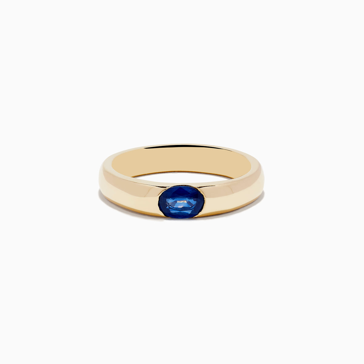 The Mens 14K Yellow Gold Blue Sapphire Ring features a flat band with a round, deep blue sapphire centerpiece, displayed on a plain white background.