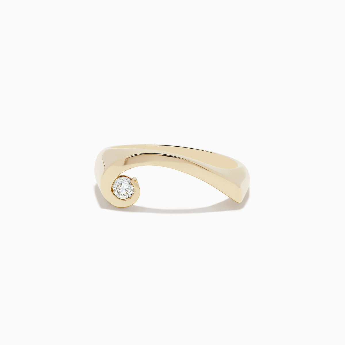 The DOro 14K Yellow Gold Diamond Swirl Ring features a modern twisted band with a single round diamond at one end, shown on a white background.