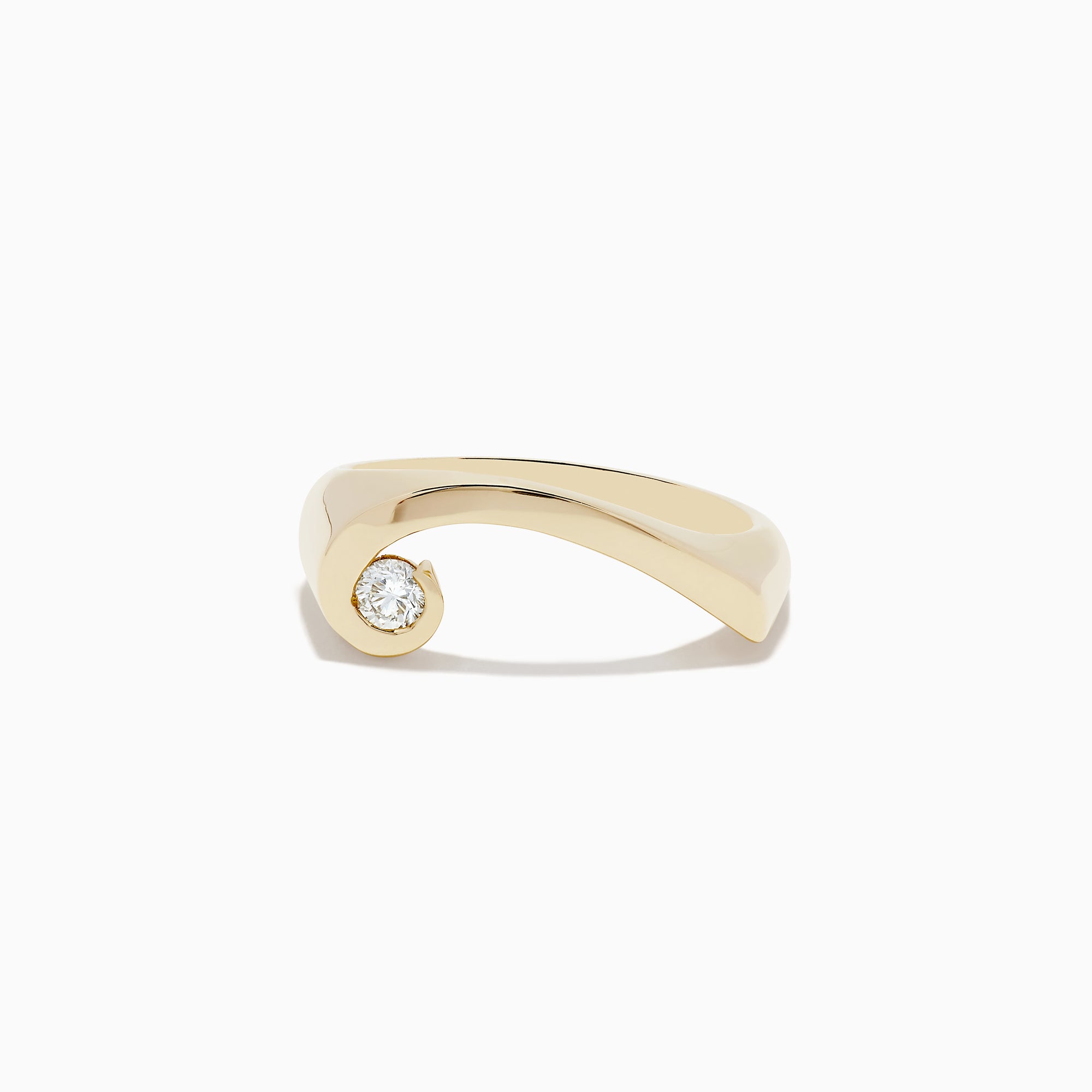 The DOro 14K Yellow Gold Diamond Swirl Ring features a modern twisted band with a single round diamond at one end, shown on a white background.