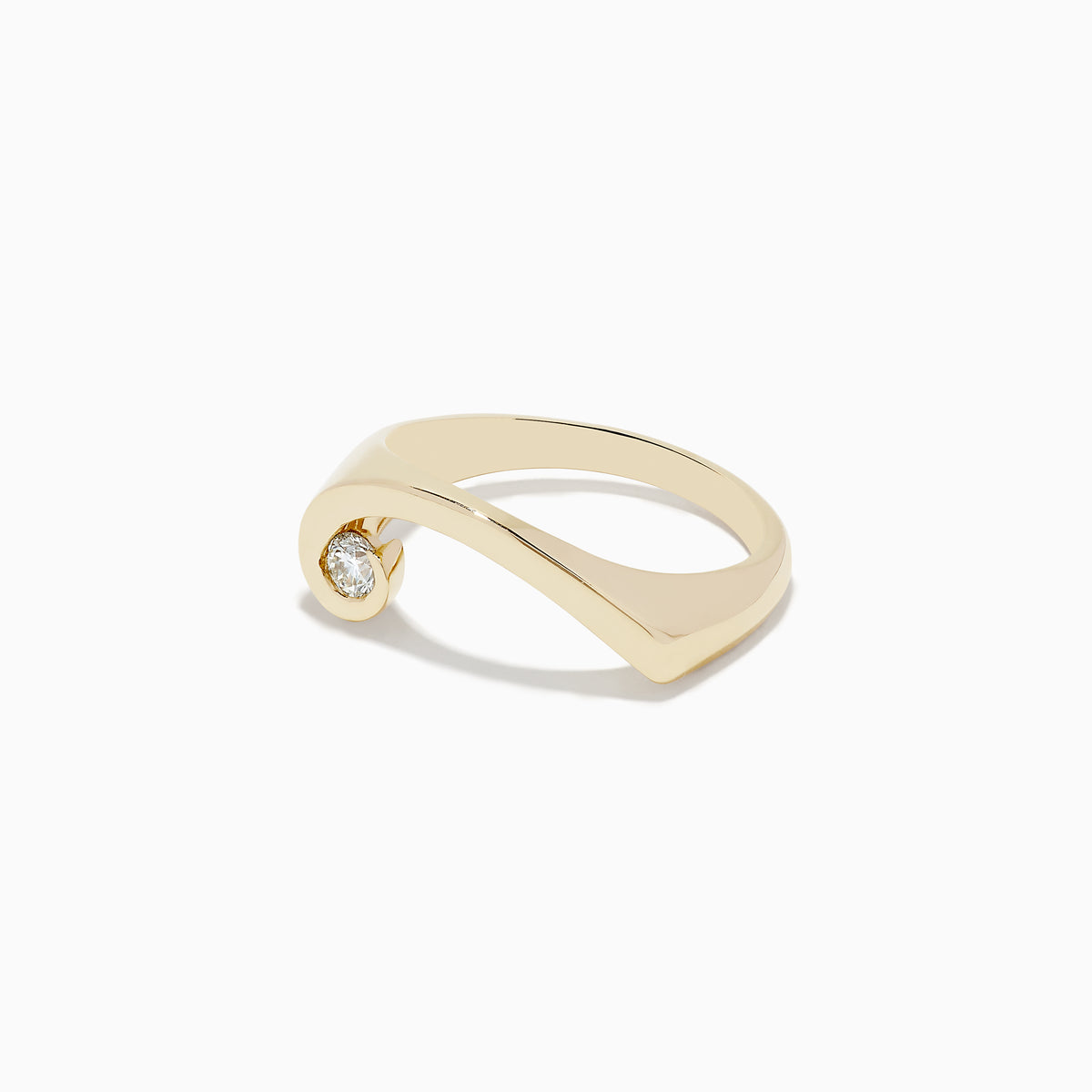 The DOro 14K Yellow Gold Diamond Swirl Ring features a modern twisted band with a single round diamond at one end, shown on a white background.