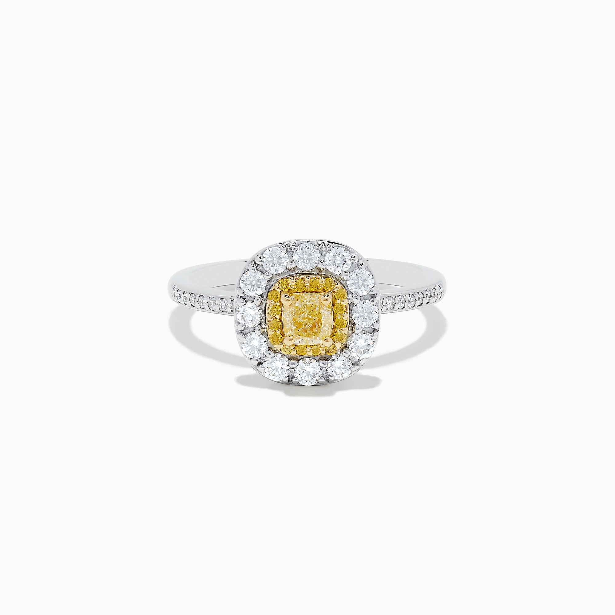 The Canare 14K Two Tone Gold Yellow and White Diamond Ring features a square yellow diamond center, framed by a double halo of white diamonds and accented with diamonds on the band.