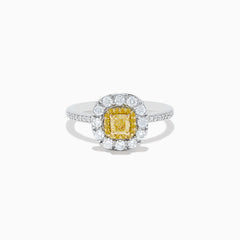The Canare 14K Two Tone Gold Yellow and White Diamond Ring features a square yellow diamond center, framed by a double halo of white diamonds and accented with diamonds on the band.