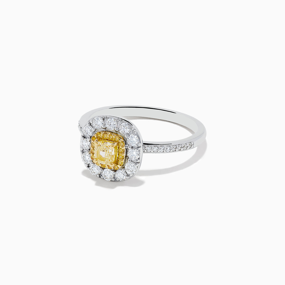 The Canare 14K Two Tone Gold Yellow and White Diamond Ring features a square yellow diamond center, framed by a double halo of white diamonds and accented with diamonds on the band.