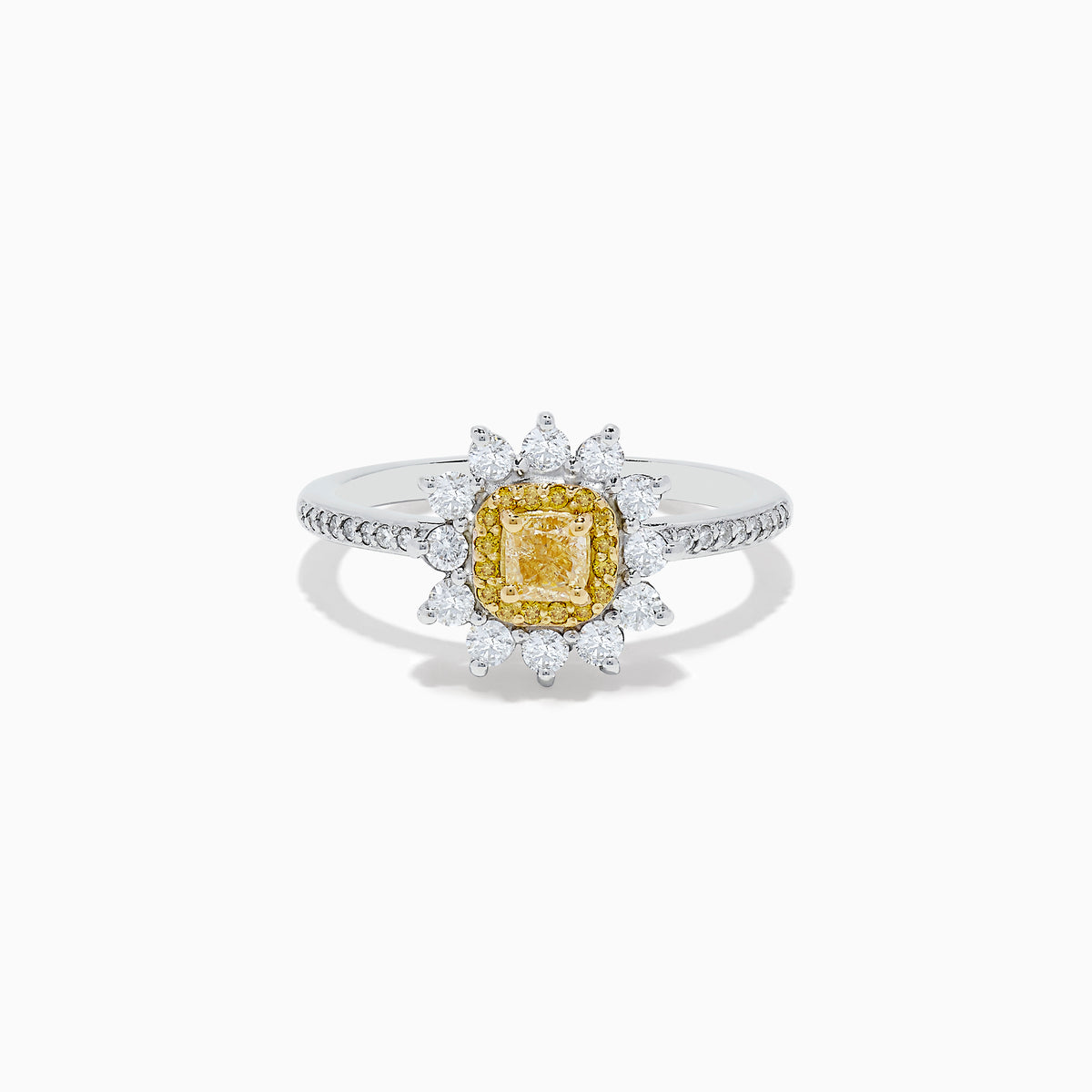 The Canare 14K Two Tone Gold Yellow and White Diamond Ring features a square yellow gemstone center, haloed by white diamonds with additional diamonds along the band.