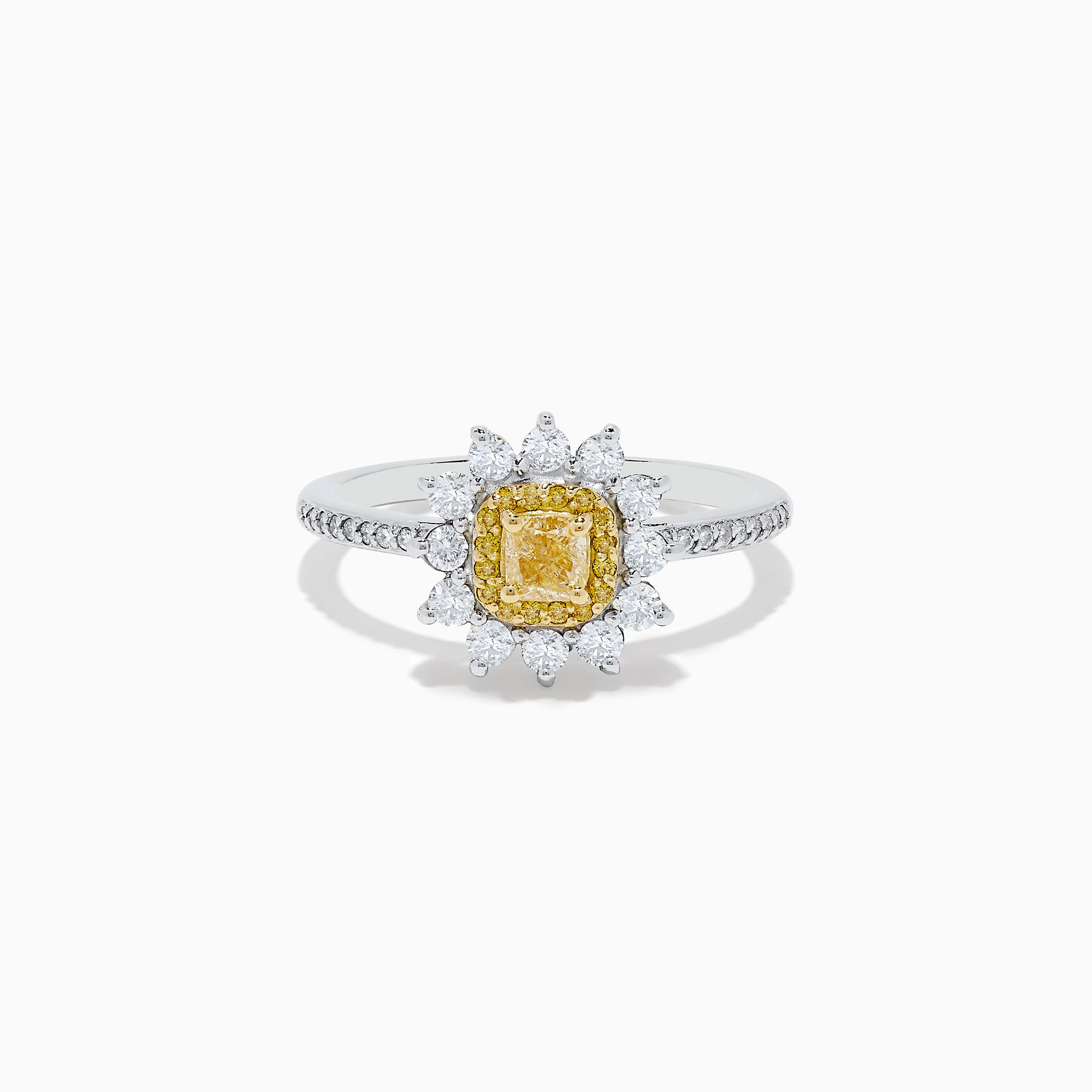 The Canare 14K Two Tone Gold Yellow and White Diamond Ring features a square yellow gemstone center, haloed by white diamonds with additional diamonds along the band.
