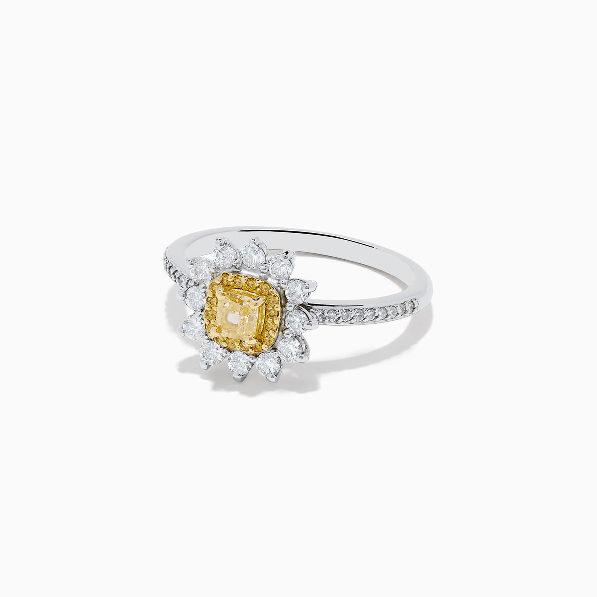 The Canare 14K Two Tone Gold Yellow and White Diamond Ring features a square yellow gemstone center, haloed by white diamonds with additional diamonds along the band.