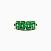 The Brasilica 14K Yellow Gold Emerald Ring, featuring two rows of oval green gemstones, is shown against a plain white background.