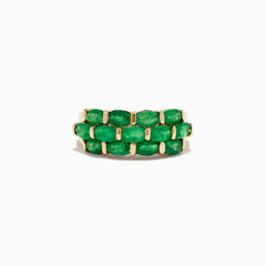 The Brasilica 14K Yellow Gold Emerald Ring, featuring two rows of oval green gemstones, is shown against a plain white background.