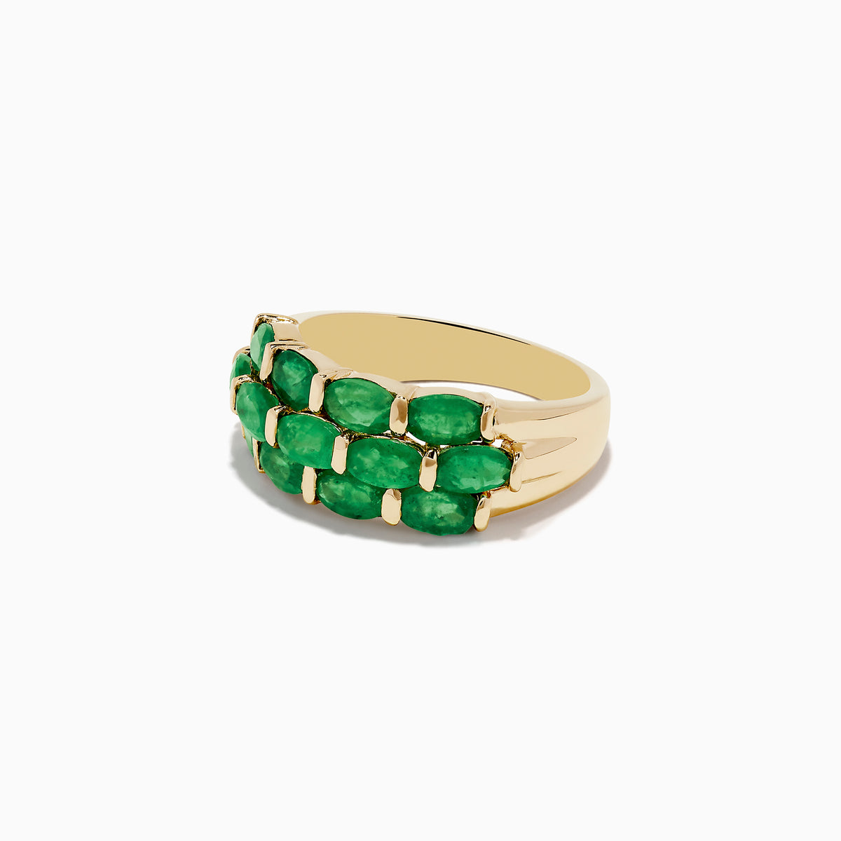 The Brasilica 14K Yellow Gold Emerald Ring, featuring two rows of oval green gemstones, is shown against a plain white background.