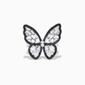 The Nature 14K White Gold Black and White Diamond Butterfly Ring features clear baguette-cut gemstones and sparkling diamond-outlined wings, all set on a gleaming silver band against a white background.
