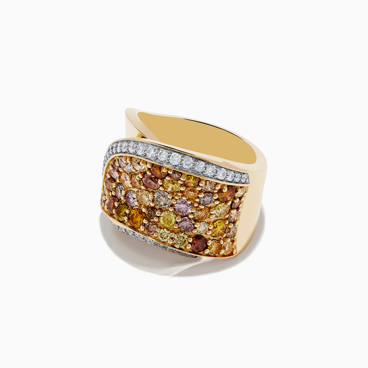 The 14K Yellow Gold Multi Color Diamond Statement Ring features a wavy design, yellow, orange, and pink gemstones, and is bordered by two rows of sparkling white multi color diamonds.