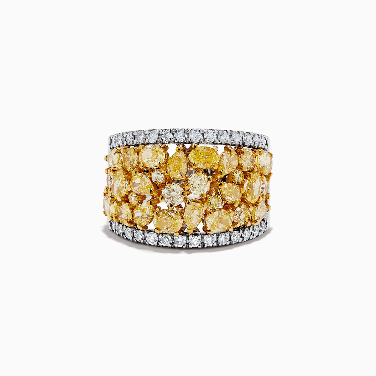 The 14K Two-Tone Gold Multi Shaped Yellow Diamond Statement Ring 4.11 TCW showcases clustered yellow diamonds at the center, bordered by white diamonds on the top and bottom, all set in a sleek two-tone gold band.