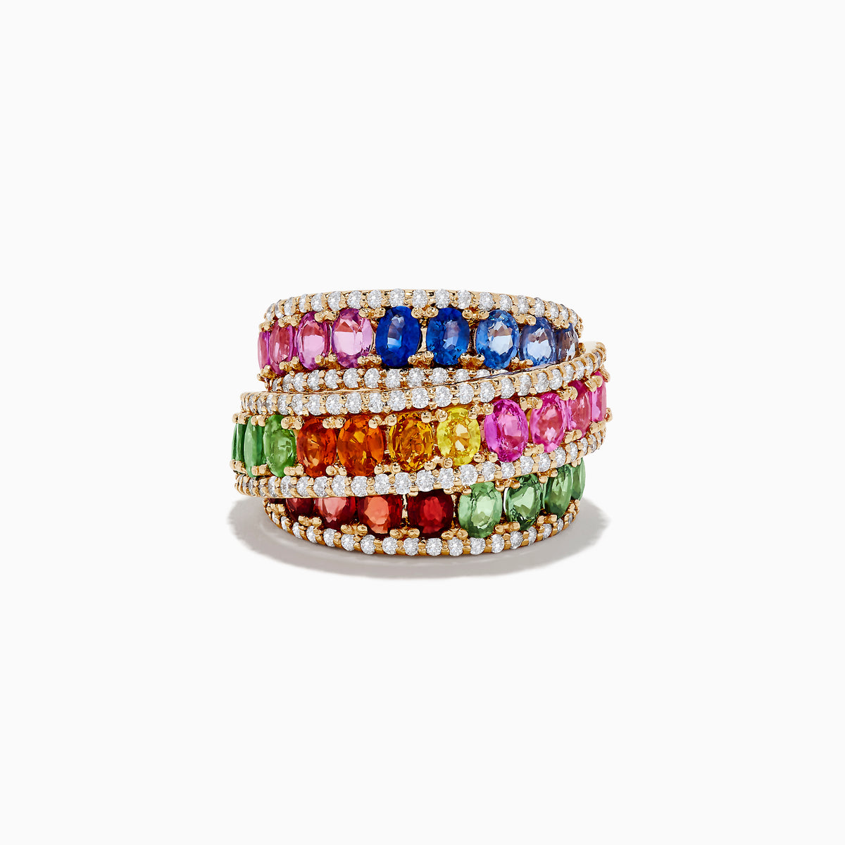 The Limited Edition 14K Yellow Gold Sapphire and Diamond Statement Ring features four rows of vibrant blue, pink, green, orange, and yellow sapphires set between bands of white diamonds, shown on a white background.