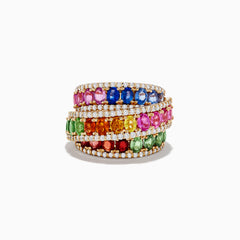 The Limited Edition 14K Yellow Gold Sapphire and Diamond Statement Ring features four rows of vibrant blue, pink, green, orange, and yellow sapphires set between bands of white diamonds, shown on a white background.