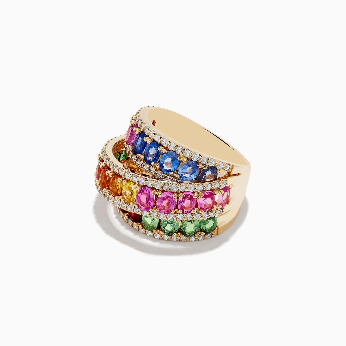 The Limited Edition 14K Yellow Gold Sapphire and Diamond Statement Ring features four rows of vibrant blue, pink, green, orange, and yellow sapphires set between bands of white diamonds, shown on a white background.