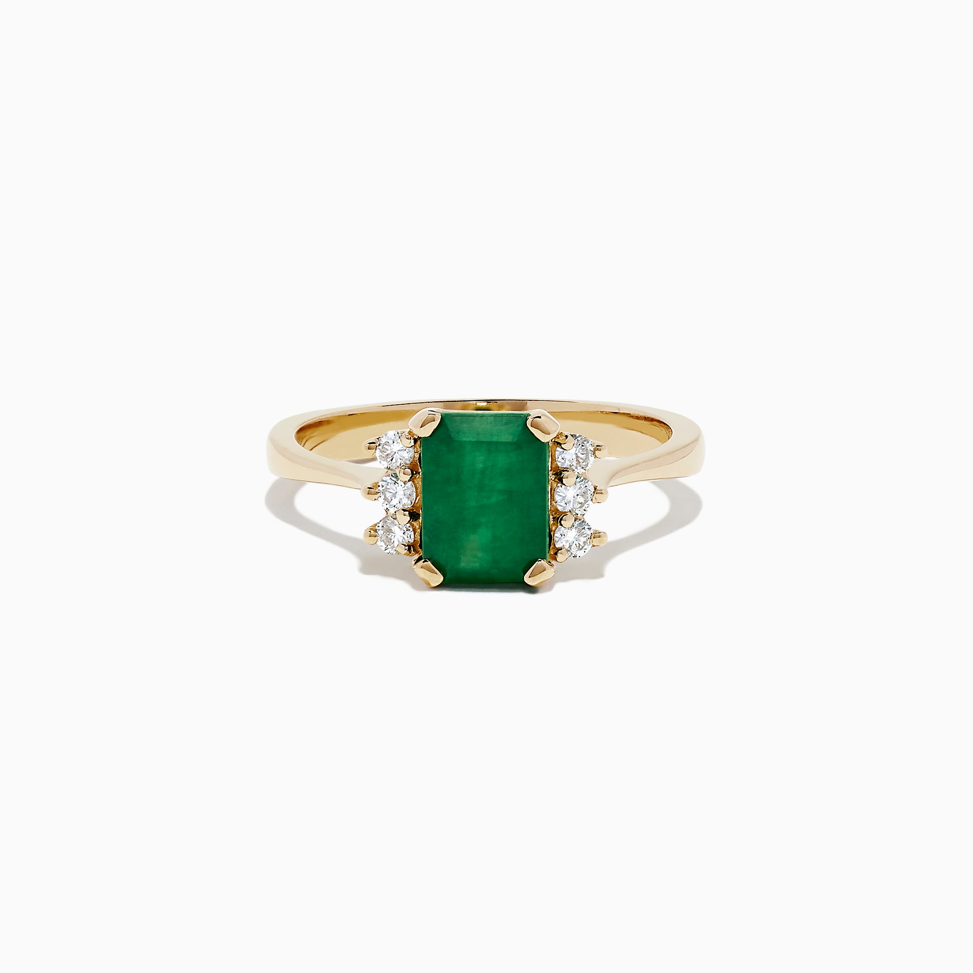 The Brasilica 14K Yellow Gold Emerald and Diamond Ring (1.57 TCW) showcases a rectangular emerald center, accented by round white diamonds on each side, set against a white background.