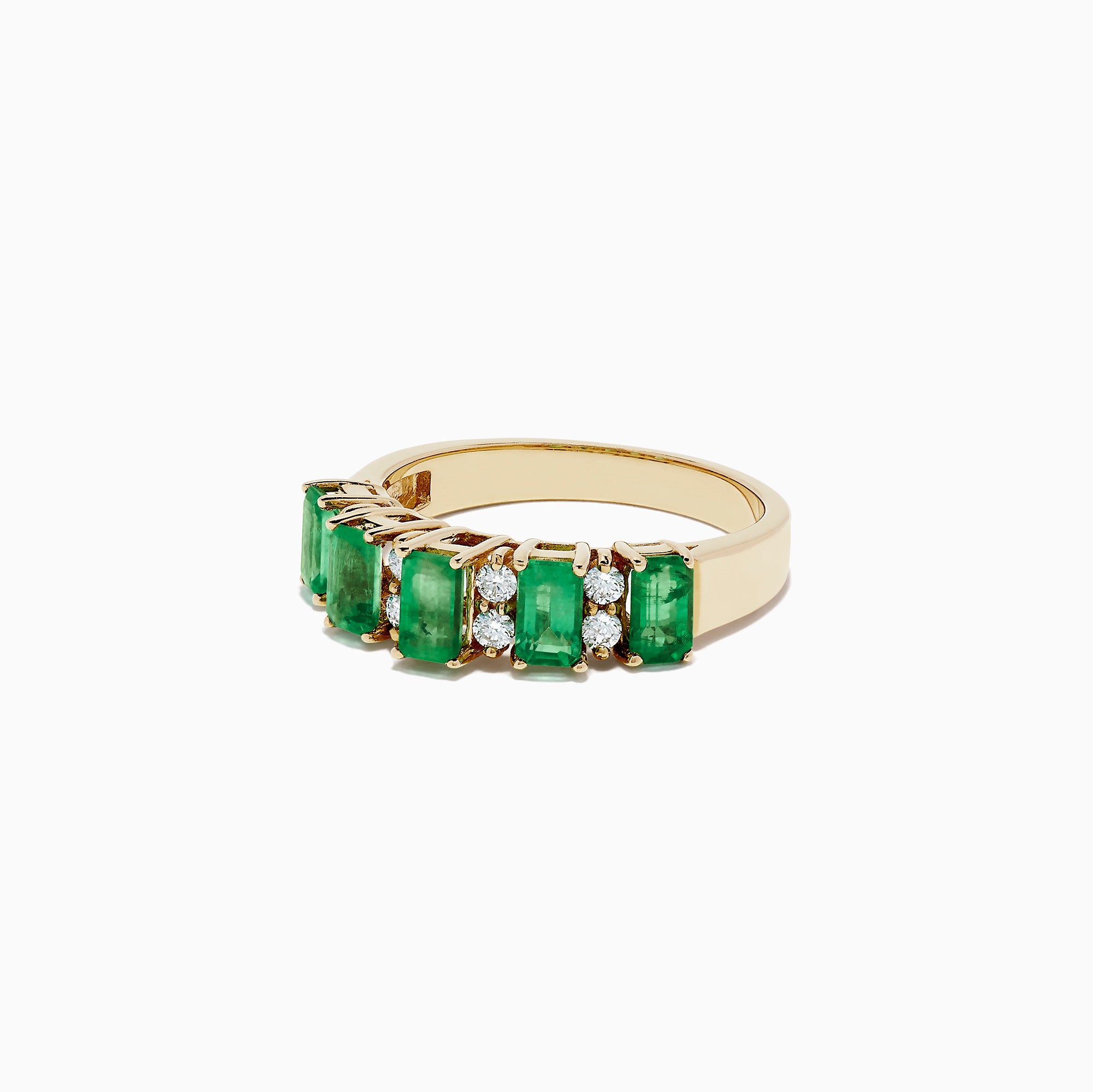 The 14K Yellow Gold Emerald and Diamond Band, 1.53 TCW, features five rectangular green emeralds and four round white diamonds set in an alternating pattern across the band.