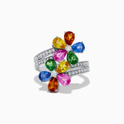 The 14K White Gold Multi Sapphire and Diamond Flower Ring features two flower designs with vibrant pear-shaped sapphires and sparkling round diamond accents on the petals and band.