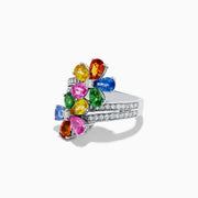 The 14K White Gold Multi Sapphire and Diamond Flower Ring features two flower designs with vibrant pear-shaped sapphires and sparkling round diamond accents on the petals and band.
