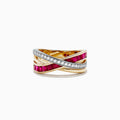 The Ruby Royale 14K Two Tone Gold Crossover Band showcases a criss-cross design with a row of sparkling diamonds and square rubies, totaling 1.48 TCW, elegantly set in intersecting bands.