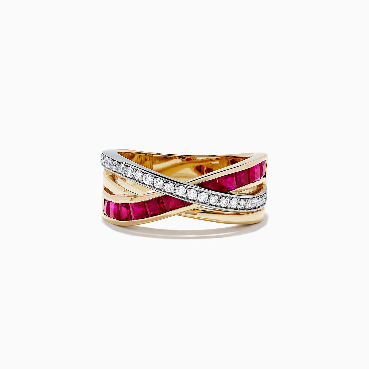 The Ruby Royale 14K Two Tone Gold Crossover Band showcases a criss-cross design with a row of sparkling diamonds and square rubies, totaling 1.48 TCW, elegantly set in intersecting bands.