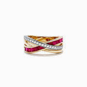 The Ruby Royale 14K Two Tone Gold Crossover Band showcases a criss-cross design with a row of sparkling diamonds and square rubies, totaling 1.48 TCW, elegantly set in intersecting bands.