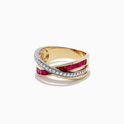 The Ruby Royale 14K Two Tone Gold Crossover Band showcases a criss-cross design with a row of sparkling diamonds and square rubies, totaling 1.48 TCW, elegantly set in intersecting bands.