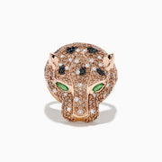 The 14K Rose Gold Emerald and Mixed Diamonds Panther Ring features a panther’s head design with brown and white diamonds, black gemstone spots, and two large emerald-green gemstones for eyes.