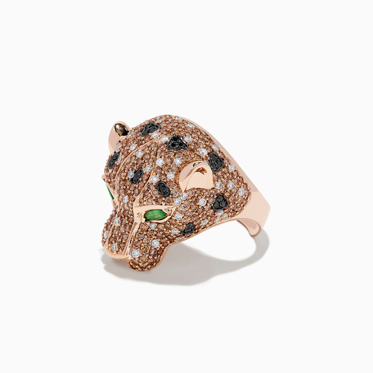 The 14K Rose Gold Emerald and Mixed Diamonds Panther Ring features a panther’s head design with brown and white diamonds, black gemstone spots, and two large emerald-green gemstones for eyes.