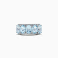 The 14k White Gold Aquamarine and Diamond ring, 3.90 TCW, showcases five oval aquamarine gems in a row with sparkling diamond accents, all set in white gold and displayed on a white background.
