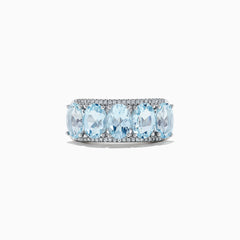 The 14k White Gold Aquamarine and Diamond ring, 3.90 TCW, showcases five oval aquamarine gems in a row with sparkling diamond accents, all set in white gold and displayed on a white background.