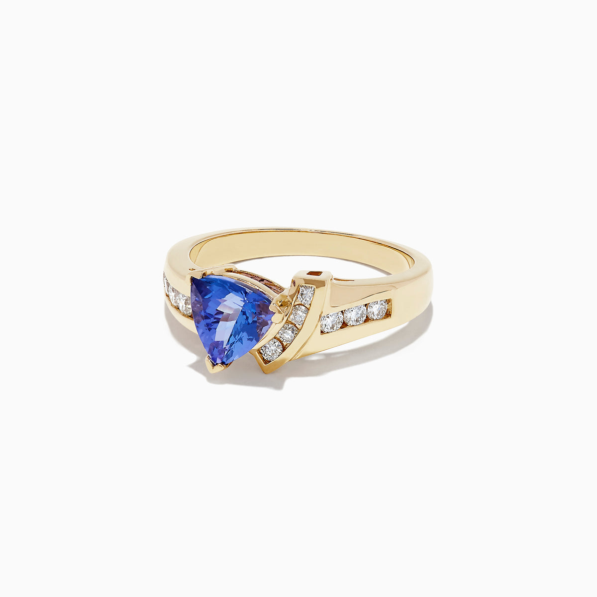 The Nahla Siri 14K Yellow Gold Tanzanite and Diamond Ring, 1.40 TCW, features a striking triangular tanzanite centerpiece accented by rows of round diamonds along both sides of the band.
