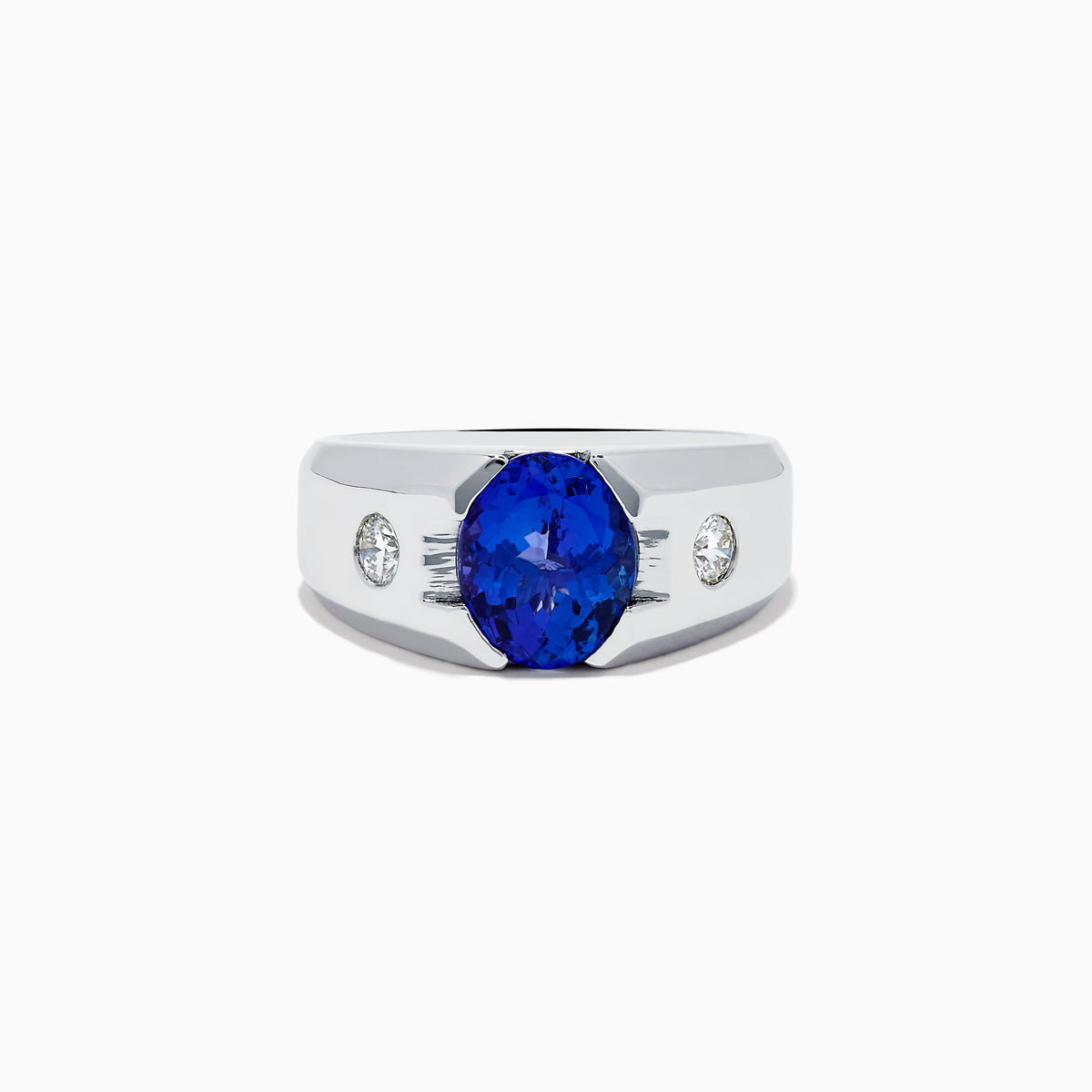 Mens 14K white gold ring featuring a large oval blue tanzanite center stone, accented by two small round diamonds on each side, set against a white background.