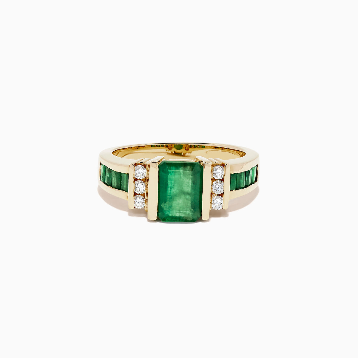 The Brasilica 14K Yellow Gold Emerald and Diamond Ring, 2.26 TCW, showcases a large rectangular emerald center with three round diamonds on each side and extra green stones set along the band for added elegance.