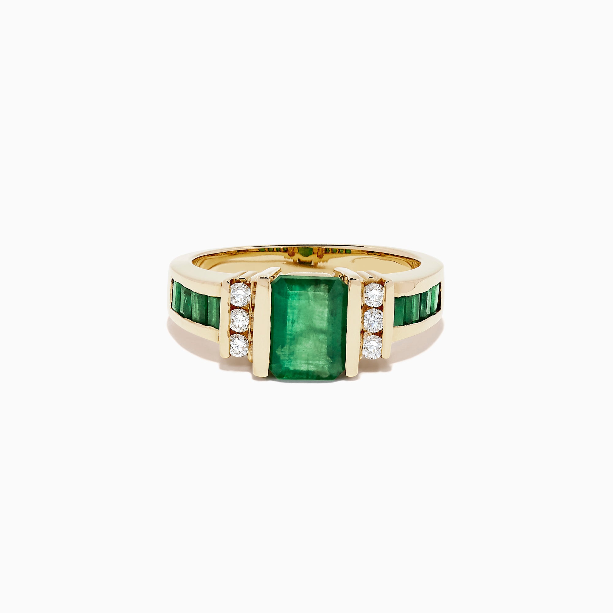 The Brasilica 14K Yellow Gold Emerald and Diamond Ring, 2.26 TCW, showcases a large rectangular emerald center with three round diamonds on each side and extra green stones set along the band for added elegance.