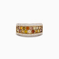 The 14K Yellow Gold Multi Color Diamond Ring features a central band of round, earthy-toned gemstones bordered by two rows of small white diamonds, all set in a slightly curved, elegant design.