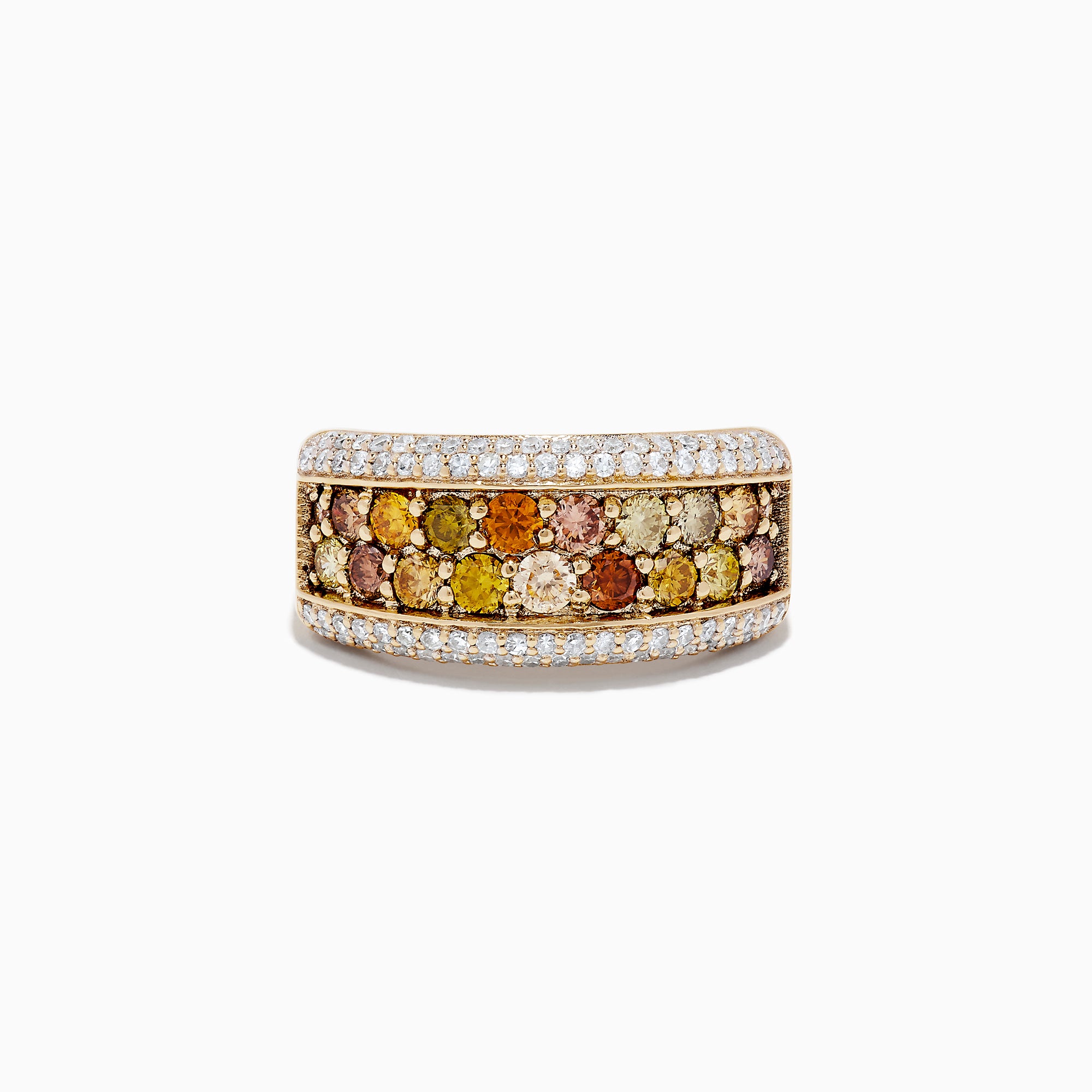 The 14K Yellow Gold Multi Color Diamond Ring features a central band of round, earthy-toned gemstones bordered by two rows of small white diamonds, all set in a slightly curved, elegant design.