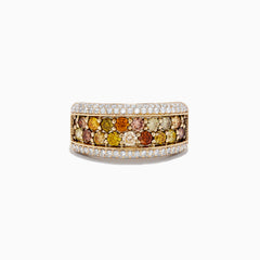 The 14K Yellow Gold Multi Color Diamond Ring features a central band of round, earthy-toned gemstones bordered by two rows of small white diamonds, all set in a slightly curved, elegant design.