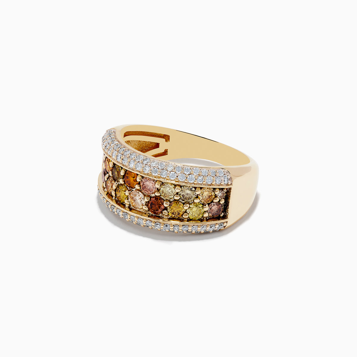 The 14K Yellow Gold Multi Color Diamond Ring features a central band of round, earthy-toned gemstones bordered by two rows of small white diamonds, all set in a slightly curved, elegant design.