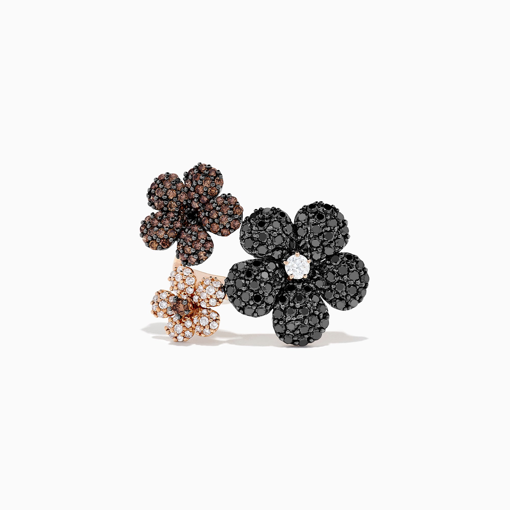 The 14K Rose Gold Black, Espresso & White Diamond Flower Ring (2.47 TCW) features flower shapes with black, brown, and white diamonds set in rose gold accents, displayed against a white background.
