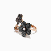 The 14K Rose Gold Black, Espresso & White Diamond Flower Ring (2.47 TCW) features flower shapes with black, brown, and white diamonds set in rose gold accents, displayed against a white background.