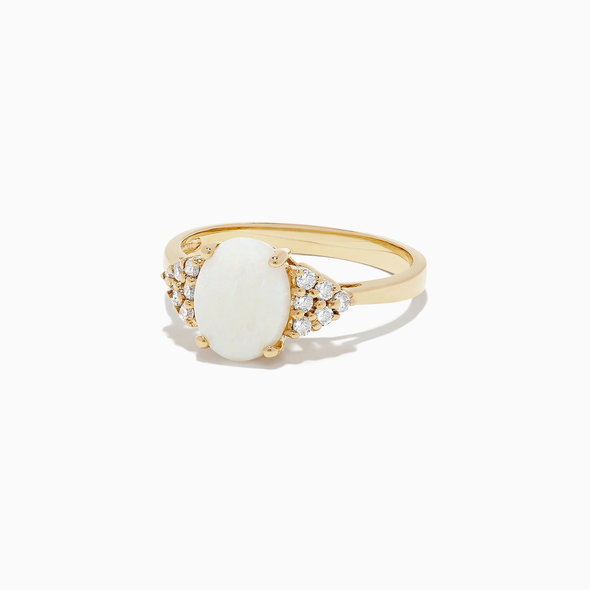 The 14K Yellow Gold Opal and Diamond Ring, 1.13 TCW features an oval white opal center accented by clusters of round diamonds on each side, all set in yellow gold against a white background.