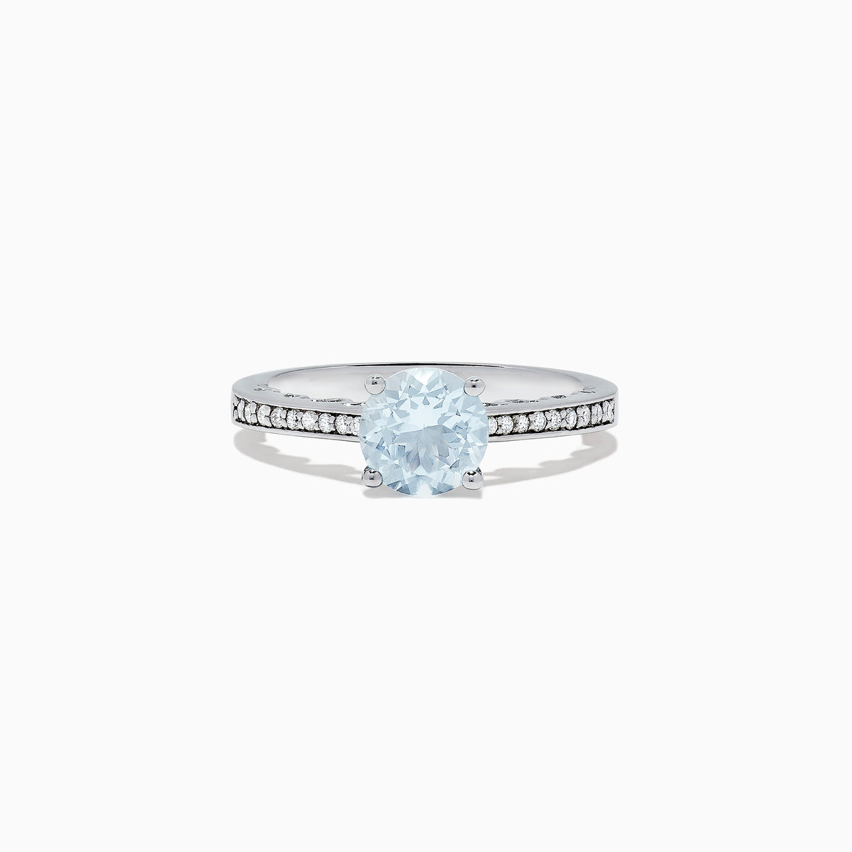 The Aquarius 14K White Gold Aquamarine and Diamond Ring, 1.09 TCW, showcases a round pale blue aquamarine center stone with sparkling diamonds along the band, presented on a white background.