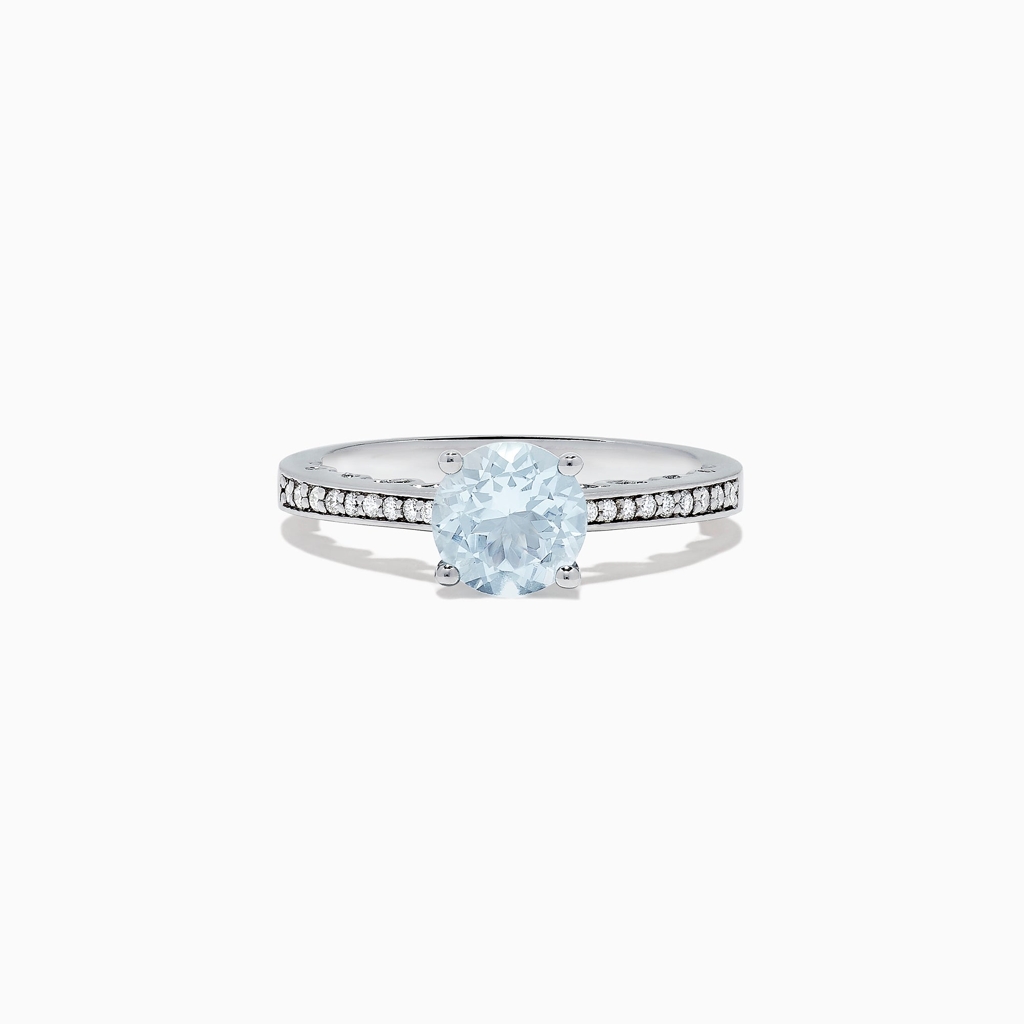 The Aquarius 14K White Gold Aquamarine and Diamond Ring, 1.09 TCW, showcases a round pale blue aquamarine center stone with sparkling diamonds along the band, presented on a white background.