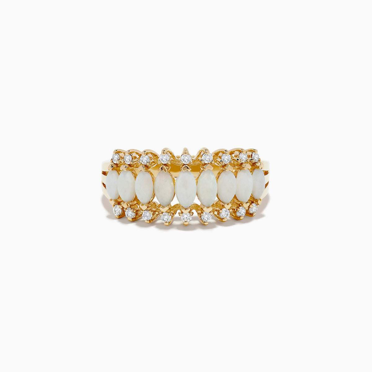 The Aurora 14K Yellow Gold Opal and Diamond Ring features a row of oval opals bordered by two rows of round diamonds on each side, creating a symmetrical, elegant look.