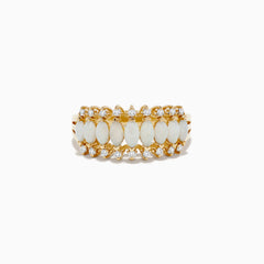 The Aurora 14K Yellow Gold Opal and Diamond Ring features a row of oval opals bordered by two rows of round diamonds on each side, creating a symmetrical, elegant look.