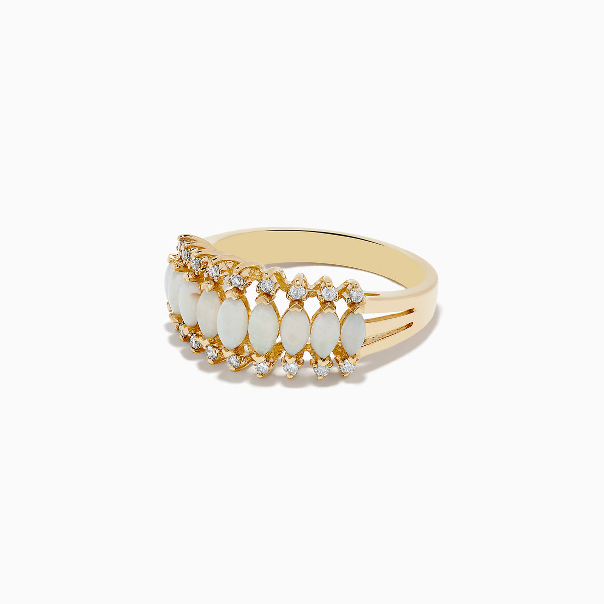 The Aurora 14K Yellow Gold Opal and Diamond Ring features a row of oval opals bordered by two rows of round diamonds on each side, creating a symmetrical, elegant look.