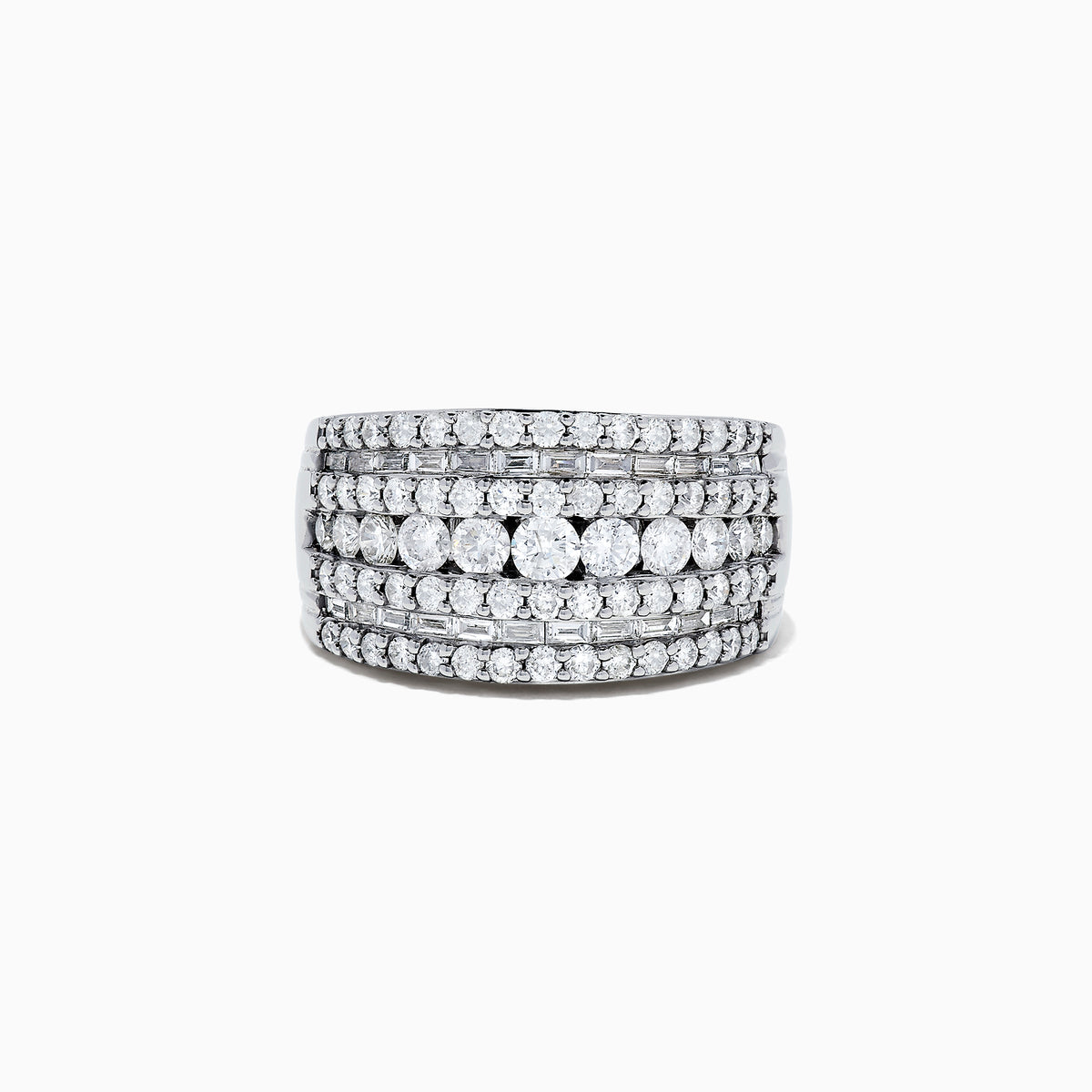 The Pave Classica 14K White Gold Diamond Ring, 1.99 TCW, features five sparkling rows of round diamonds set across a wide white gold band, creating a layered and elegant look against a plain background.