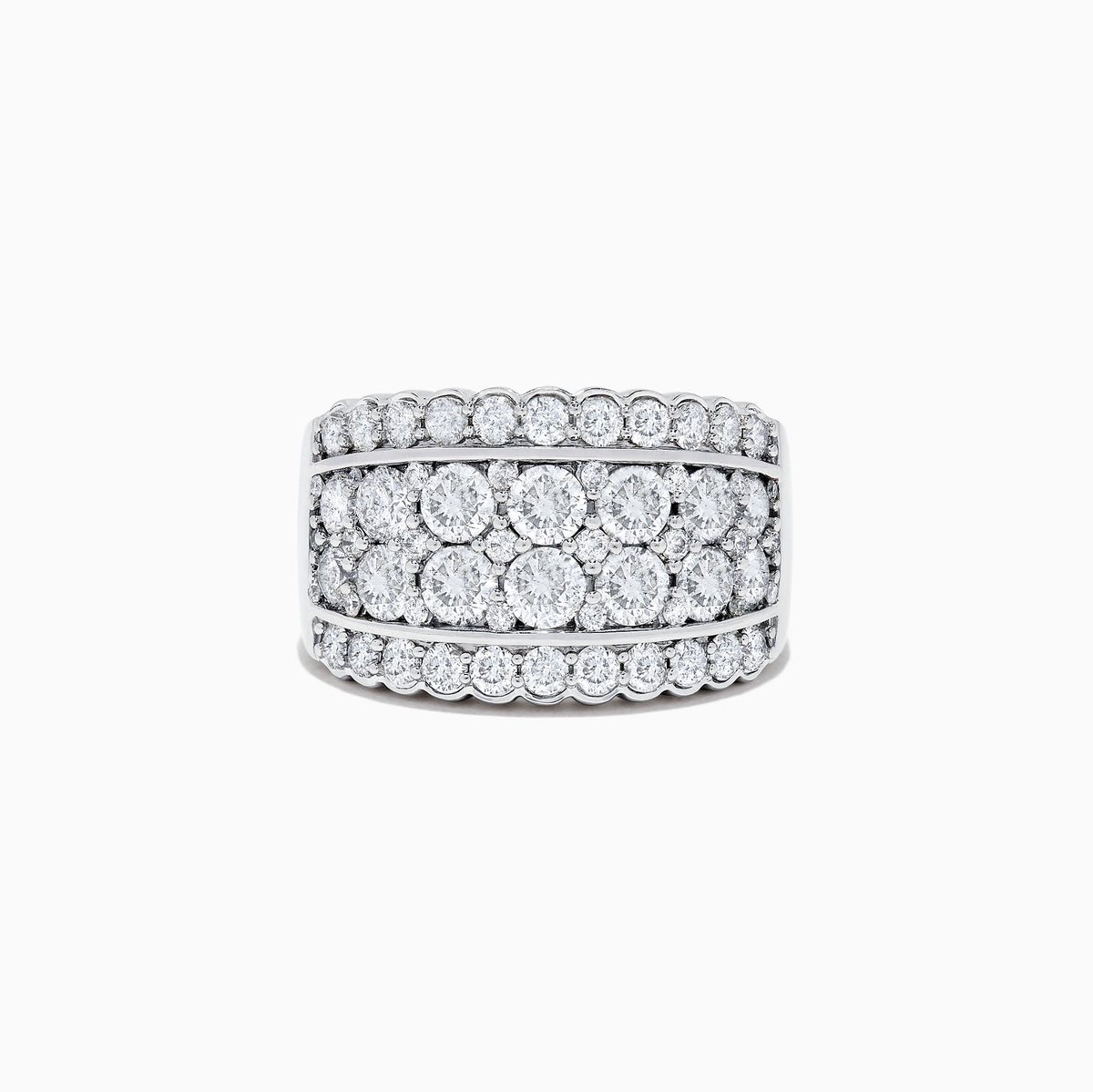 The Pave Classica 14K White Gold Diamond Wide Band Ring, 1.54 TCW, showcases three rows of brilliant-cut diamonds with outer borders of smaller stones, all set symmetrically in polished white gold.