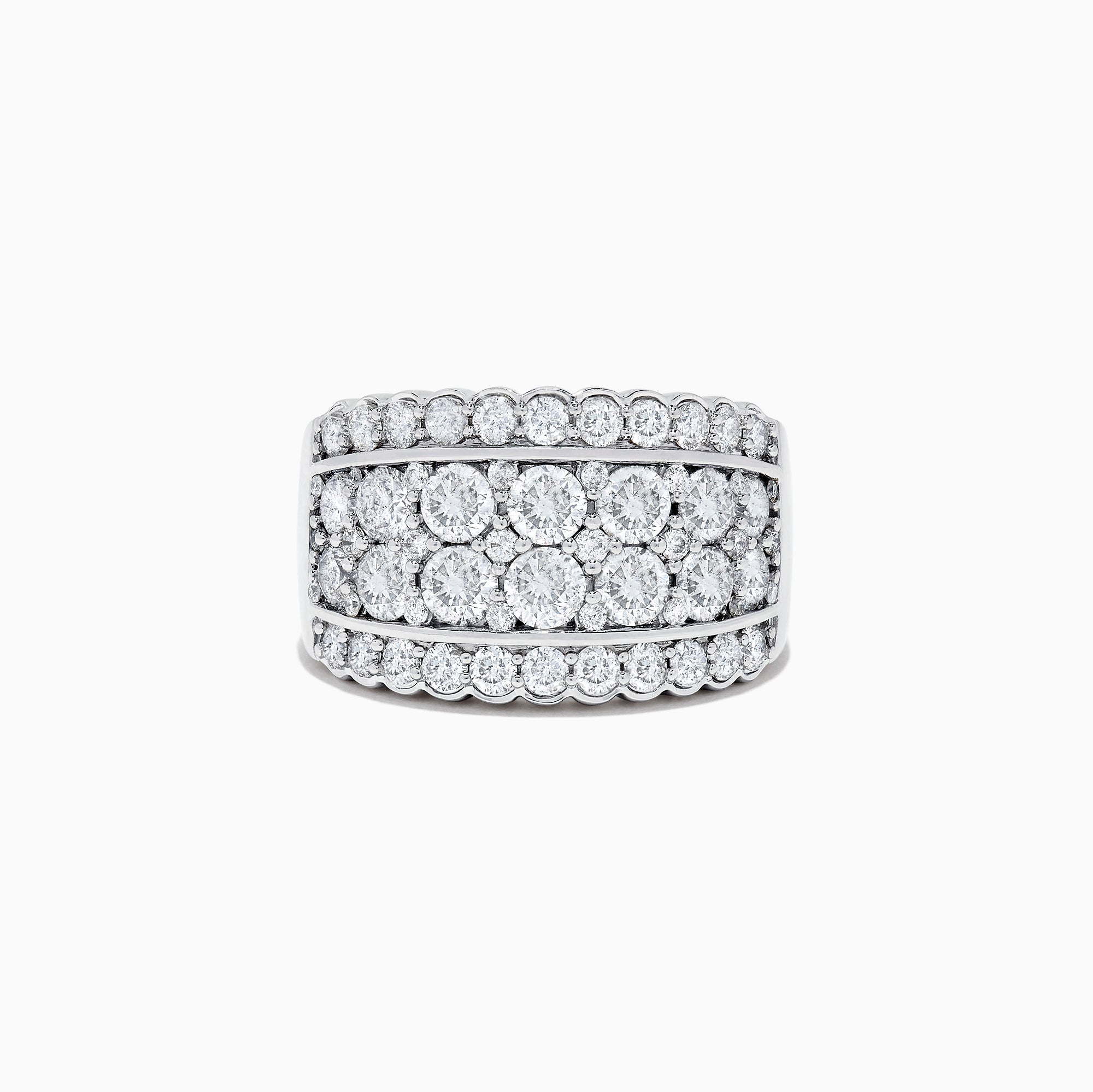 The Pave Classica 14K White Gold Diamond Wide Band Ring, 1.54 TCW, showcases three rows of brilliant-cut diamonds with outer borders of smaller stones, all set symmetrically in polished white gold.